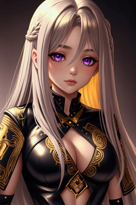 Beautiful girl dnd , golden hair, Ojos violetas,  gray skin and tribal clothing