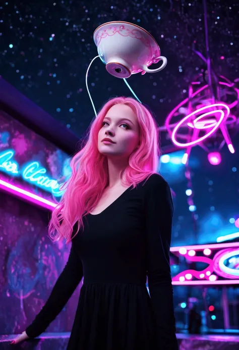 Long pink hair woman, night, neon, flying saucer, abduction, galaxy background, neon lights, black clothes with led, 4k  