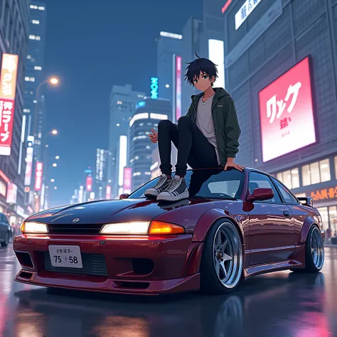 An anime image from above containing a sitting on the hood of a Nissan Silvia S13 in JDM style 