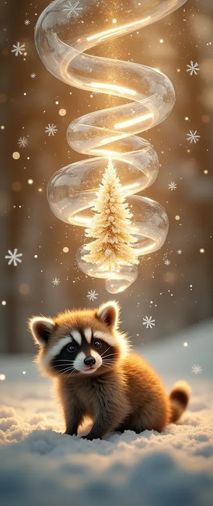 A photo of a golden background with a transparent glass and silver snowflake tornado. Inside the tornado is a glowing garland Christmas tree. The tornado is hovering above a fluffy baby raccoon. The overall scene is set during the Christmas season.