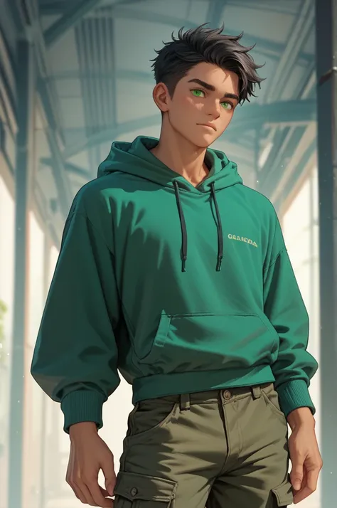 1boy, white, tan skinned, athletic build, green eyes, black hair past neck, green hoodie, black cargo pants, 