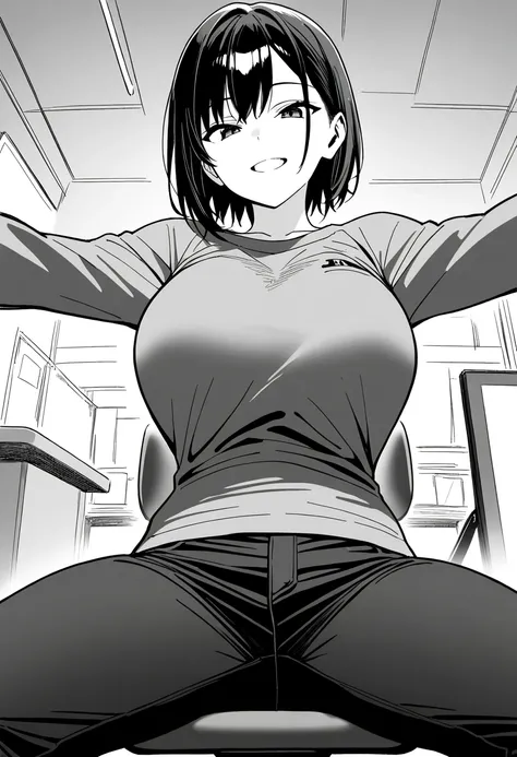 score_9,score_8_up,score_7_up,rating_safety,source_manga,masterpiece,best quality,hyper detailed,super fine illustration,8k,front angle,monochrome,BREAK 1girl,30yo,black hair,short hair,smile,middle breast,grey room wear,pants,BREAK spread arms,sitting on ...