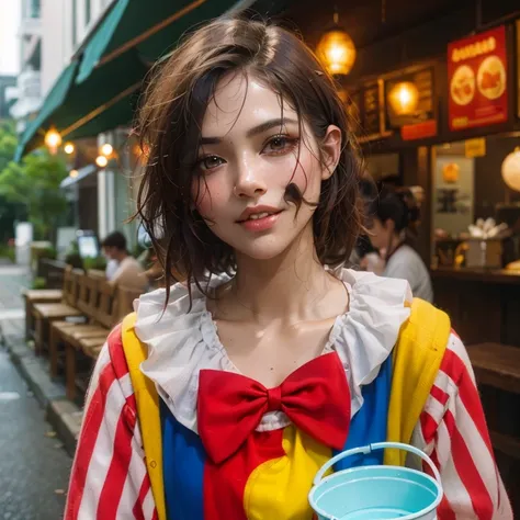 araffe clown with large breast with a small bucket on the street, clown girl, cutecore clowncore, wearing clown makeup, creepy clown girl, wearing accurate clown makeup, clown makeup, anime girl in real life, y 2 k cutecore clowncore, realistic , realistic...