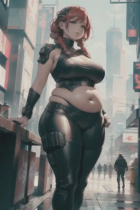 (Best quality), (high resolution), (detailed),1woman, curvy lady, thicc, chubby belly, futuristic style, future fashion, abstract fashion, (cyberpunk), red colored hair, braided hair, loose pants, 