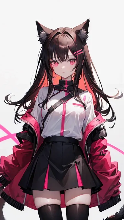   anime cat ear cat tail dark brown hair, dark brown fur , Young ,  black coat with neon shock pink details ,  white uniform shirt inside , inner part of the red coat ,  futuristic theme without background , anime, 1girl,  black pants , short black skirt, ...