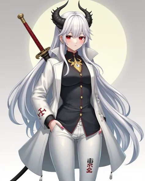 Descrição Resumida do Personagem mulher em Style Anime:**

- **Hair**:  Long and white , up to half the back.
- **Bright**:  Two curved horns emerge from the head .
- **First**: dark gray.
- **clothing**: shirt, tight white pants ;  golden tattoo on the to...