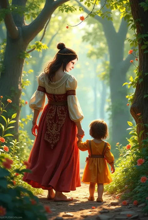 Anime, 2d vector art, a young woman walking with her toddler in the woods, giving hands wuile strolling, medieval woman, vibrant medieval dress, tender loving scene, motherhood, hyper dynamic view point:1.5