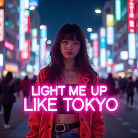 A vibrant, neon-lit cityscape of Tokyo at night, with a young woman in the foreground. Shes wearing colorful, J-pop inspired clothing and is illuminated by the city lights, looking confident and radiant. The image should have a dreamy, electropop aesthetic...