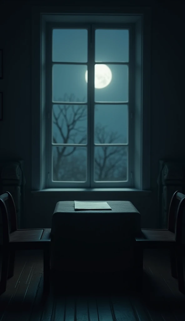 A dark, quiet room at night with a table in the center. A lone letter lies on the table, bathed in soft moonlight filtering through a window.
