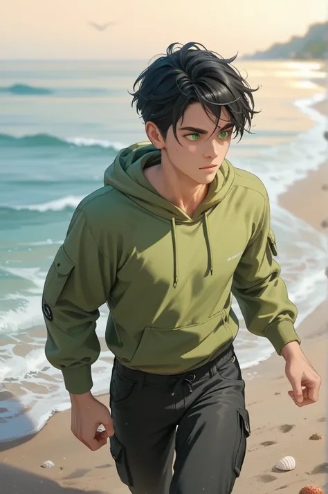 1boy, white, athletic build, green eyes, medium black hair past neck, green hoodie, black cargo pants, standing on beach, jogging