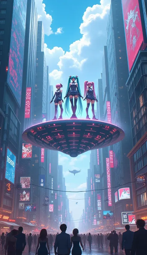 Super futuristic city ,  with people on the streets , Hasune Miku ,  kasane Teto ,  Kagamine Rin singing on a floating stage,  with futuristic and sexy clothes , anime