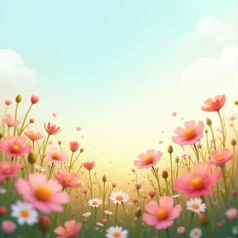  pictures of a clear landscape one day ,  Scenery with only flowers blooming , Flower Field,  no one, No animals ,  vibrant innocence , art style, Cartoon, Artistic, Soft tones ,  Various flowers blown by the wind, brightness,  Magic Photography ,  soft li...