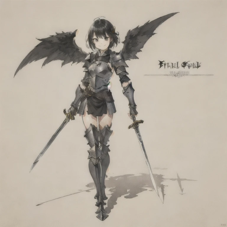 girl,
((full body)),
((armor)),
((No background)), 
((small black wings)),
((holding long black bladed sword)),
((Looking at viewer)),
((front)),
((Evil smile))