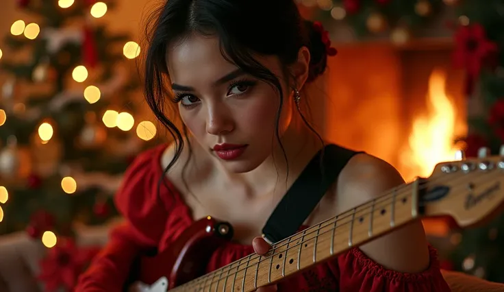 a very pretty woman, woman playing electric guitar, sexy christmas costume, christmas fireplace, detailed eyes, beautiful detailed lips, extremely detailed face and eyes, long eyelashes, photorealistic, 8k, high quality, realistic, cinematic lighting, warm...