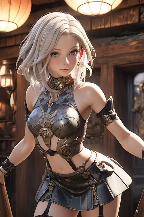   girl ,Futuristic Amasona clothing in Final Fantasy XII style ,short skirt,(( long wrinkled hair with many garters )),4k,delicate skin,stunning breasts , detailed lighting ,detailed face,dazzling skin,exposed shoulder,3D,anime art, Realistic photo,Hot exp...