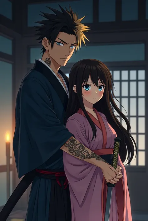 One tall Slender Anime man, one curvy slender anime girl, man is a warrior that is protecting the girl from harm, sword drawn, grey blue eyes, wearing classic samurai attire, no helmet, medium length spikey hair, his hair is half black and half blonde, he ...