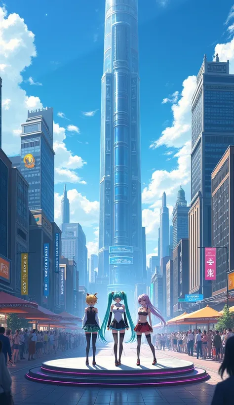 Super futuristic city ,  with people on the streets , Hasune Miku ,  kasane Teto ,  Kagamine Rin singing on a floating stage,  with futuristic and sexy clothes , Anime image with high quality and resolution 