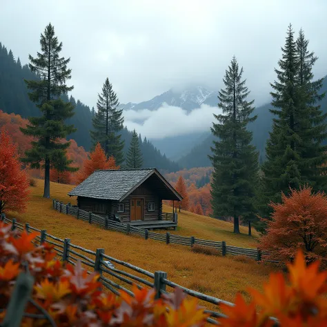 The image is a landscape photograph of a beautiful autumn scene in a mountainous area. The trees are covered in vibrant shades of red, orange, and yellow, creating a stunning contrast with the green grass and blue sky. In the center of the image, there is ...