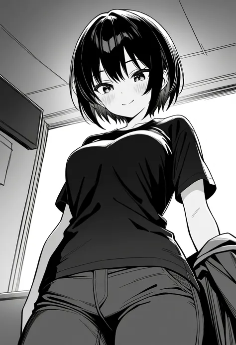 score_9,score_8_up,score_7_up,rating_safety,source_manga,masterpiece,best quality,hyper detailed,super fine illustration,8k,front angle,cowboy shot,monochrome,BREAK 1girl,30yo,black hair,short hair,looking down,smile,middle breast,grey room wear,pants,BREA...