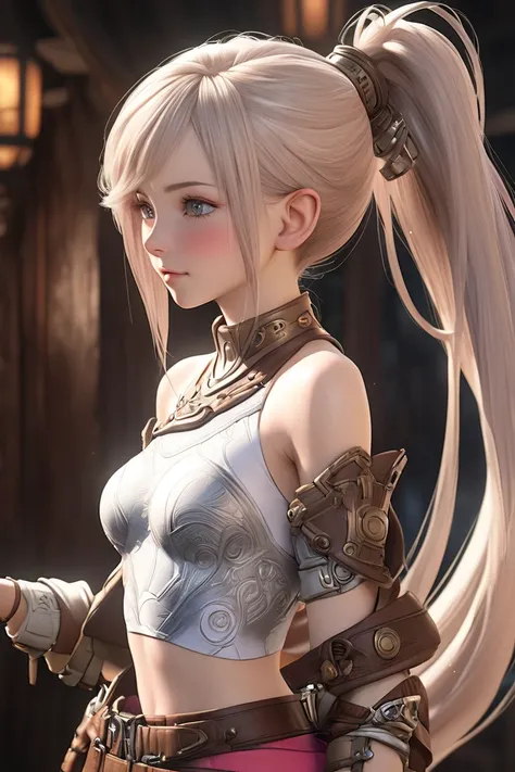   girl ,Futuristic Amasona clothing in Final Fantasy XII style ,short skirt,((Long hair with wrinkled beggars ponytail)),4k,delicate skin,stunning breasts , detailed lighting ,detailed face,dazzling skin,exposed shoulder,3D,anime art, Realistic photo,Hot e...