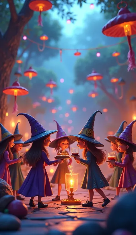 Witches doing party 3d animated cartoon