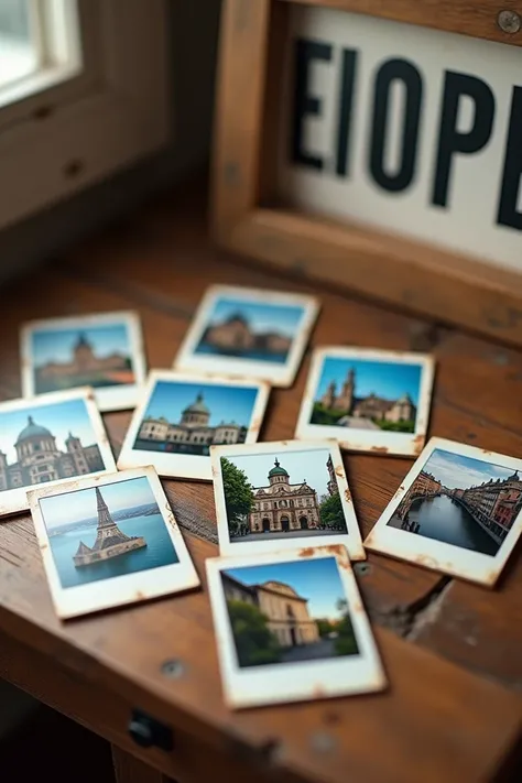 Polaroid photos with images of European capitals on a wooden desk , a large sign that says Europe  