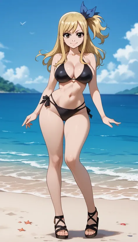 ultra-detailed, 1girl, lucy heartfilia, Fairy Tail, (best quality), ((masterpiece)), (highres), 16K, brown eyes, perfect face, long hair, blonde hair, hair ribbon, one side up, blue ribbon, wearing black bikini, sandals, busty body, large breasts and a bea...