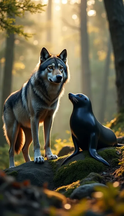 In a dense and mysterious forest, a wolf and a seal stand side by side, creating an unusual and fascinating scene. The wolf, with its thick, gray fur, is alert, its eyes shining brightly as it looks around. Its ears are erect and its posture is that of a c...