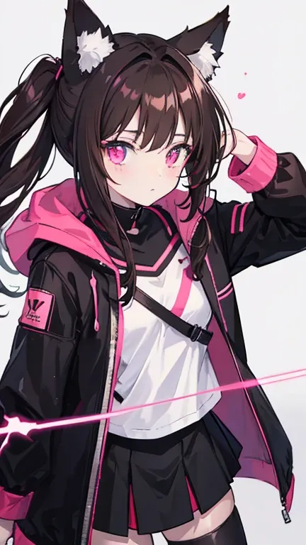   anime cat ear cat tail dark brown hair, dark brown fur , Young ,  black coat with neon shock pink details ,  white uniform shirt inside , inner part of the red coat ,  futuristic theme without background , anime, 1girl,  black pants , short black skirt, ...