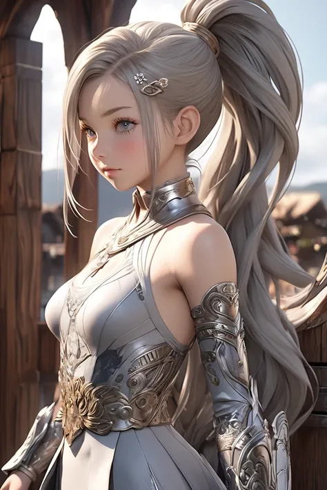   girl ,Futuristic Amasona clothing style Final Fantasy XII color gray silver ,short skirt,((Long hair with wrinkled beggars ponytail)),4k,delicate skin,stunning breasts , detailed lighting ,detailed face,dazzling skin,exposed shoulder,3D,anime art, Realis...