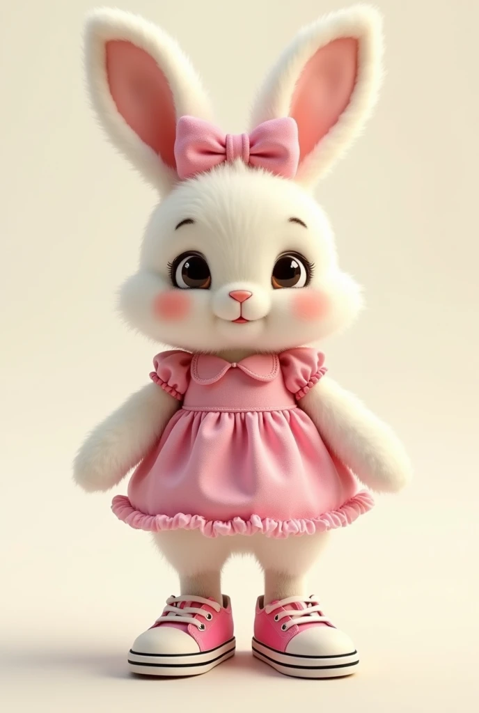 Draw a bunny，Wearing a beautiful bow on her head， wearing a pink dress on the body ， and white socks on the feet {x} and a pair of real pink black rimmed canvas shoes， The design of the canvas shoes is pink on the upper part ，The toe cap and laces are whit...