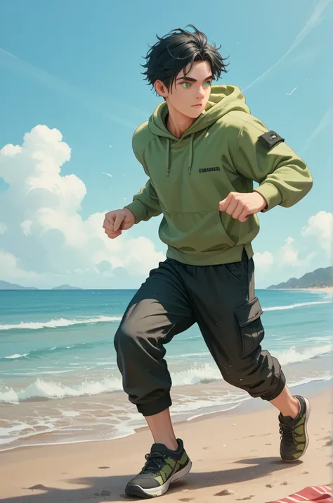 1boy, white, light tan skinned, athletic build, green eyes, long messy black hair , green hoodie, black cargo pants, standing on beach, jogging