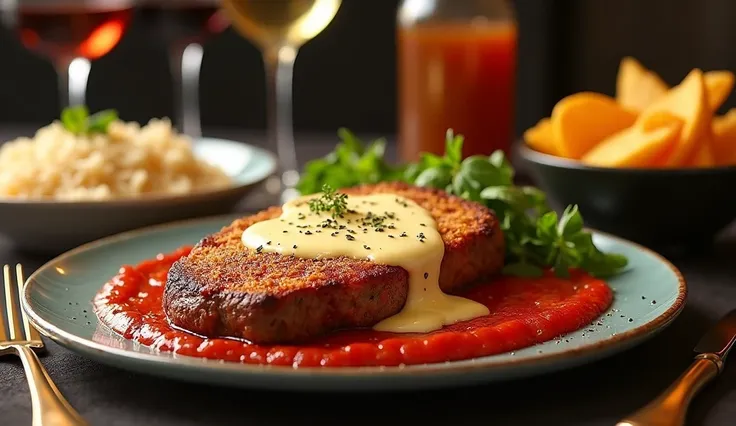 An ultra-realistic, photorealistic, photographic and cinematic image of a succulent fillet of beef breaded with parmigiana, with the hot cheese melting and oozing deliciously, the fresh tomato sauce on top of the cheese on an English china plate. Next to t...