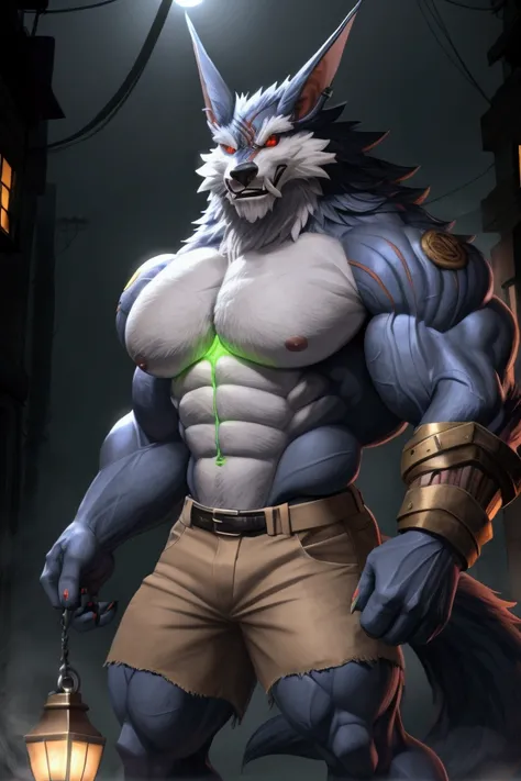 Alone, 1 lobo, Big wolf tail, eyes, 5 fingers, black nails, metallic right hand nails,  FULL BODY SHOWING , (warwick lol), bodybuilder,  detailed muscles ,  defined muscles , Thick muscles,  large upper muscles,  large lower muscles , 2,34 tall, 215kg of w...