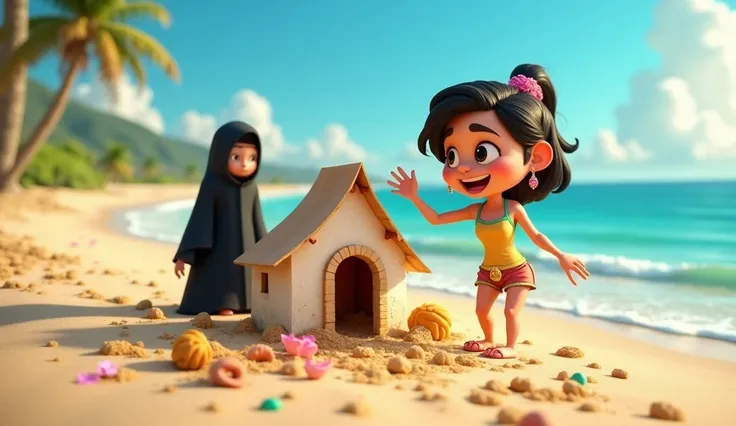  3D animated cartoon image .  One building a house on the sand  . And smile  .  He is wearing a tank top and a short shorts ,  she is wearing jewels and lush ornaments .  And at his side is a dark and strange man who observes her from afar.