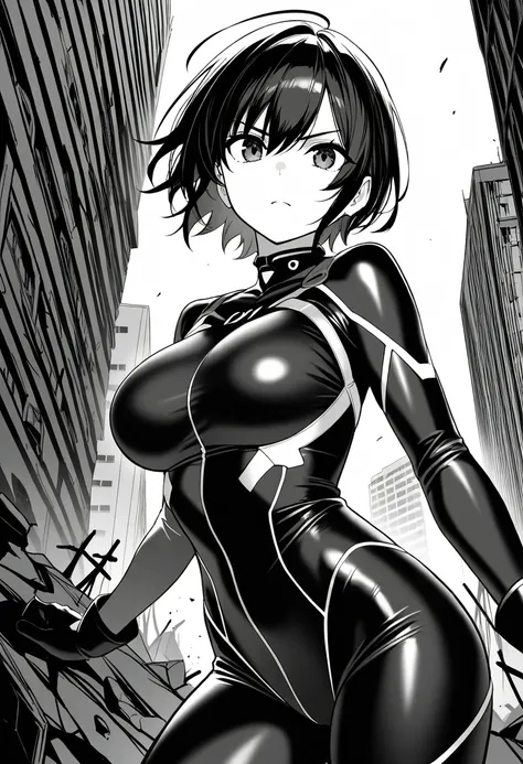 score_9,score_8_up,score_7_up,rating_safety,source_manga,masterpiece,best quality,hyper detailed,super fine illustration,8k,front angle,cowboy shot,monochrome,BREAK 1girl,30yo,black hair,short hair,middle breast,black bodysuits,BREAK standing,BREAK crapped...