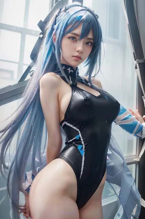  anime Nazi girl in a black and blue swimsuit posing in front of a window,  seductive anime Nazi girl , trending on artstation pixiv, Kantai Collection Style, trending on cgstation, Azur Lane style, trending on cgstation, Clean and detailed anime art,  ext...