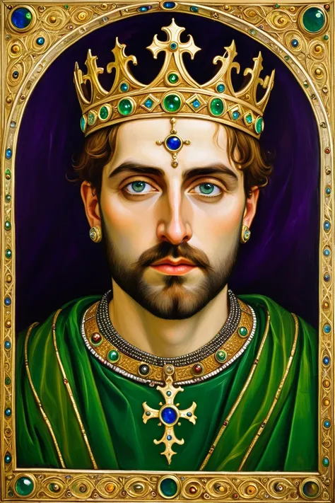 medieval paiting, old painting, 1 person, 1 man, Old king with heterochromia  (left eye green, right eye blue) with a iron crown consisting of a circlet of gold and jewels fitted around a central silver band, which tradition held to be made of iron beaten ...