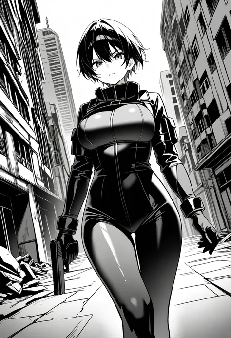 score_9,score_8_up,score_7_up,rating_safety,source_manga,masterpiece,best quality,hyper detailed,super fine illustration,8k,front angle,monochrome,BREAK 1girl,30yo,black hair,short hair,middle breast,black bodysuits,battle jacket,BREAK holding_handgun,stan...