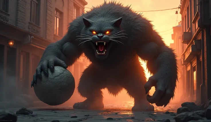 A hulk cat angry holding a big stone in hand at fire street road evening time