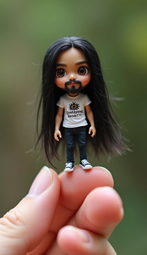 a petite Filipino man with very long black hair, with short beard, wearing a t-shirt that says "ErmitanyongBarbie777", the size of a human finger, is shown very close up while standing on a
human finger. The human body and all the fingers that support it a...