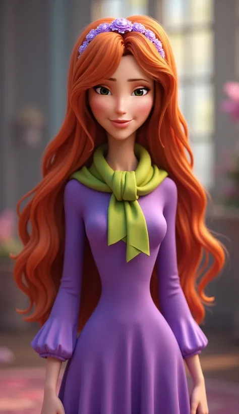 Daphne Blake from "Scooby Doo" as a 3D CGI rendered character. Wearing a purple dress with lavender sleeve cuffs. Redhead hair with bangs and a lilac heaband, realistic gorgeous hair texture, lime green cute scarf, smart and cute. Disney princess style bod...