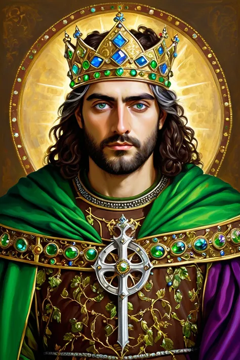 , 1 person, 1 man, Old king with heterochromia  (left eye green, right eye blue) with a iron crown consisting of a circlet of gold and jewels fitted around a central silver band, which tradition held to be made of iron beaten out of a nail of the True Cros...