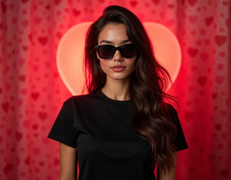 A beautiful woman wearing a plain blank black t-shirt against a valentine background; wearing a sunglass; her hair is in her back; full body; looking in the front straightly; ultra realistic