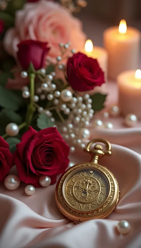 Capture a romantic scene featuring an ornate golden pocket watch open to reveal its elegant face, surrounded by lush red roses and soft pink blooms. Adorn the setting with sparkling pearls and flickering candles, creating a dreamy, intimate atmosphere. Use...