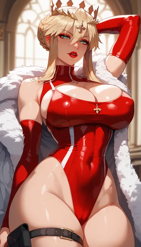  perfect eyes、 Perfectly Sexy Face Swimsuit、 ultra detailed、ultra perfect eyes、artoria pendragon、to know、Fate、with the crown 、shiny hair、( Big breasts ), showing cleavage、Tight Waist、 thin waist 、May、 Thigh straps 、 glowing skin、 tanned skin 、Beleza、erotic...