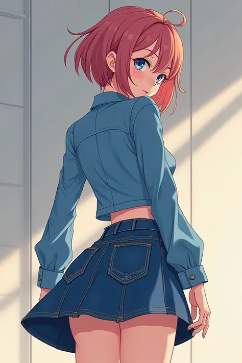  Anime with denim blouse and skirt showing off the ass 
