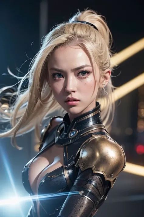 ((super-real photography: 1.5)), whole body, Assassin Girl, beautiful face, Super cute, well-balanced face, devil pupils, blond hair, short ponytail, small slender body, (petit bust), battle damaged, ((futuristic high-tech armor)), Elaborate engravings, or...