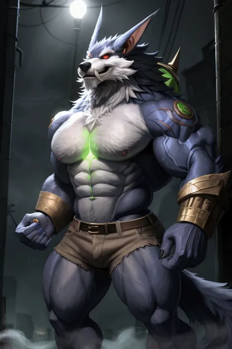 Alone, 1 lobo, Big wolf tail, eyes, 5 fingers, black nails, golden bracelets ,  FULL BODY SHOWING , (warwick lol), bodybuilder,  detailed muscles ,  defined muscles , Thick muscles,  large upper muscles,  large lower muscles , 2,34 tall, 215kg of weight , ...