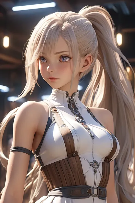   girl , Amasona Futuristic Final Fantasy XII style clothing ,short skirt,Stretched eyes ((Long hair with wrinkled beggars ponytail)),4k,delicate skin,stunning breasts , detailed lighting ,detailed face,dazzling skin,exposed shoulder,3D,anime art, Realisti...